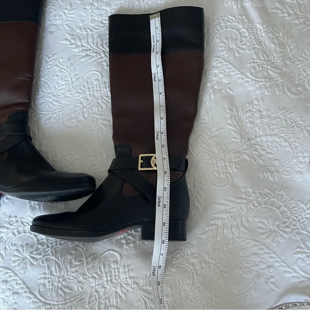 Michael Kors Black and Brown Leather Knee Boots with Gold hardware. Size 6